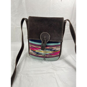 Vintage Handmade Malky Ecuador Woven Wool Black Suede Leather Shoulder Bag